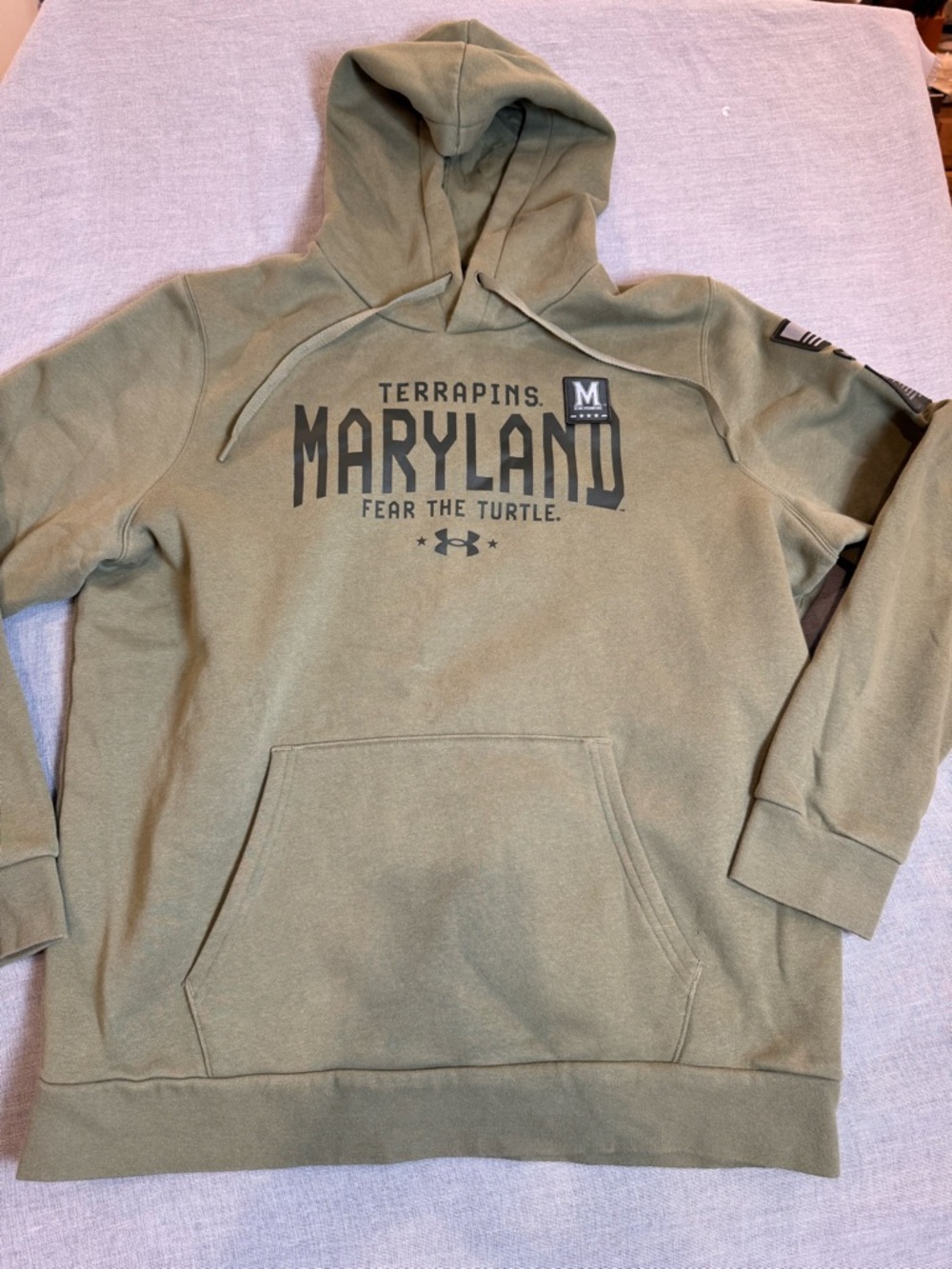 Under Armour Maryland Terrapins Olive Green Hoodie Patriotic Patches Sz. XL